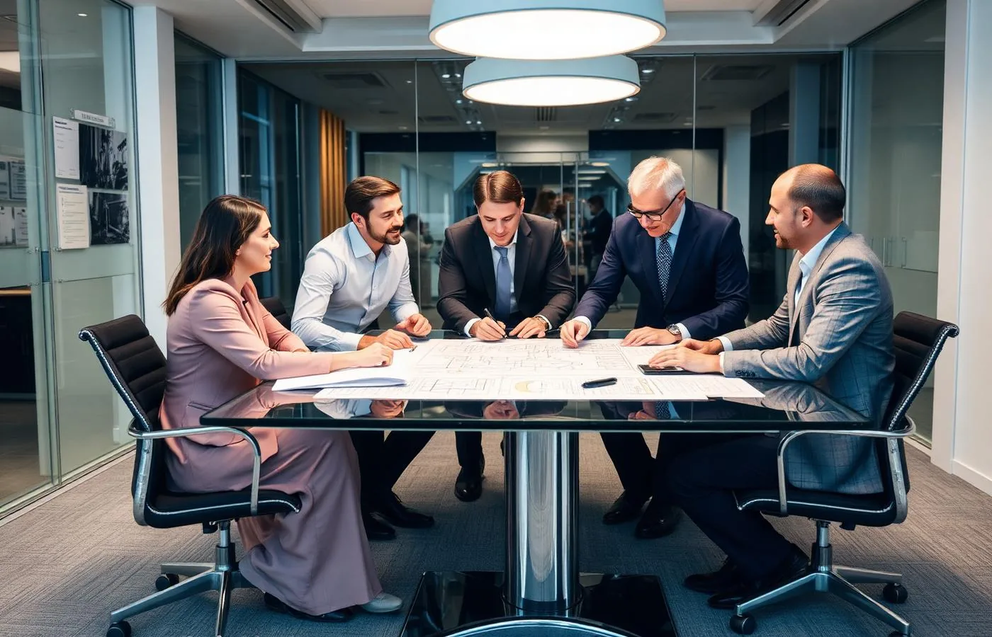 Business technology consultants planning digital systems around a conference table