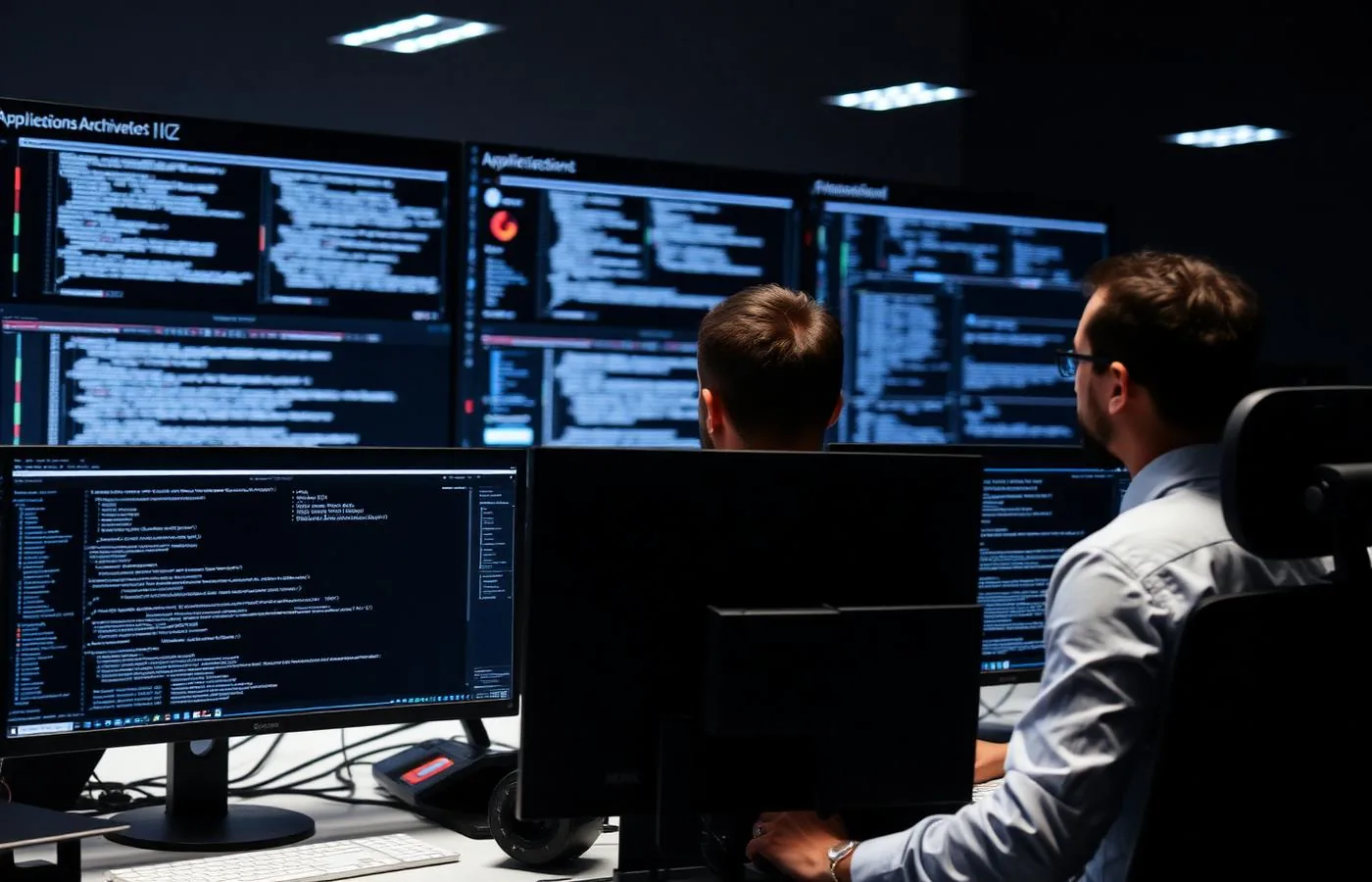 Software engineers working in a development environment with multiple application monitors